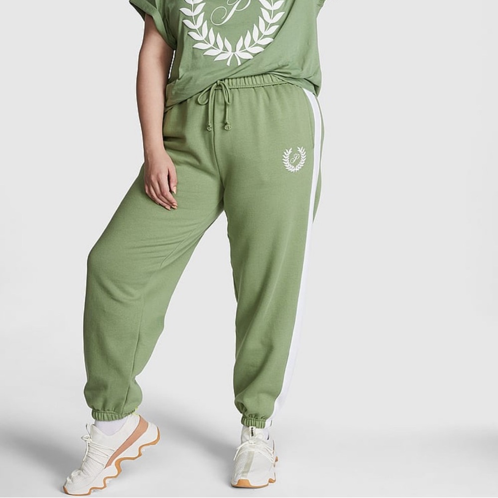 VS Pink sweatpants in Wild Grass green with white side stripe & PINK wreath logo